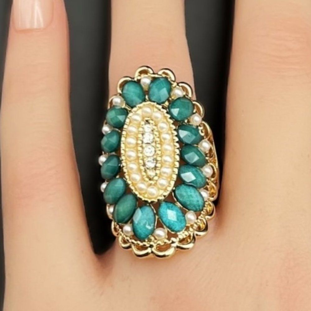 Yellow Gold with Diamond Crystal Pearl and Turquoise Gem Statement Ring Size 7